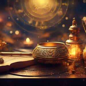 Aufgeschlagenes Buch, Kerzenlicht und goldene Symbole als Motiv der Business-Rauhnächte