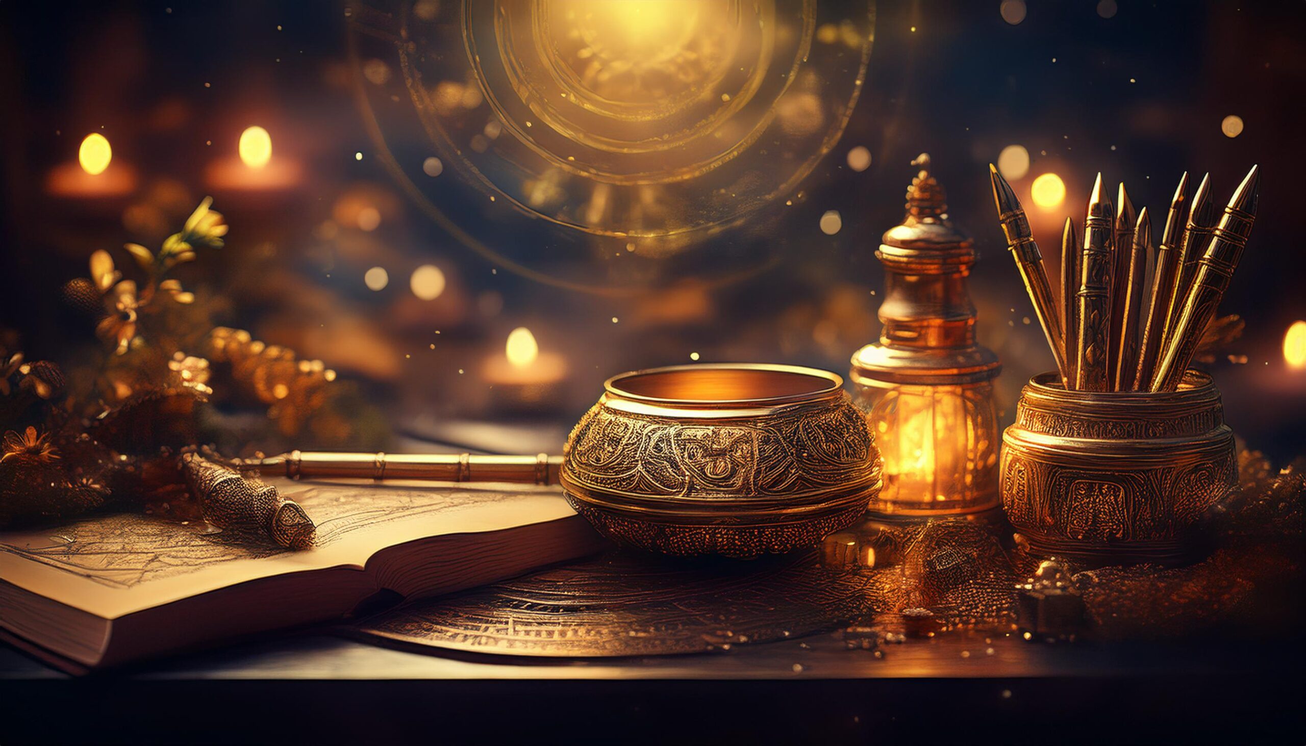 Firefly spirituelle Umgebung, verschwommener Hintergrund, mystische Anmutung des Fotos, viele dunkle-5 Aufgeschlagenes Buch, Kerzenlicht und goldene Symbole als Motiv der Business-Rauhnächte