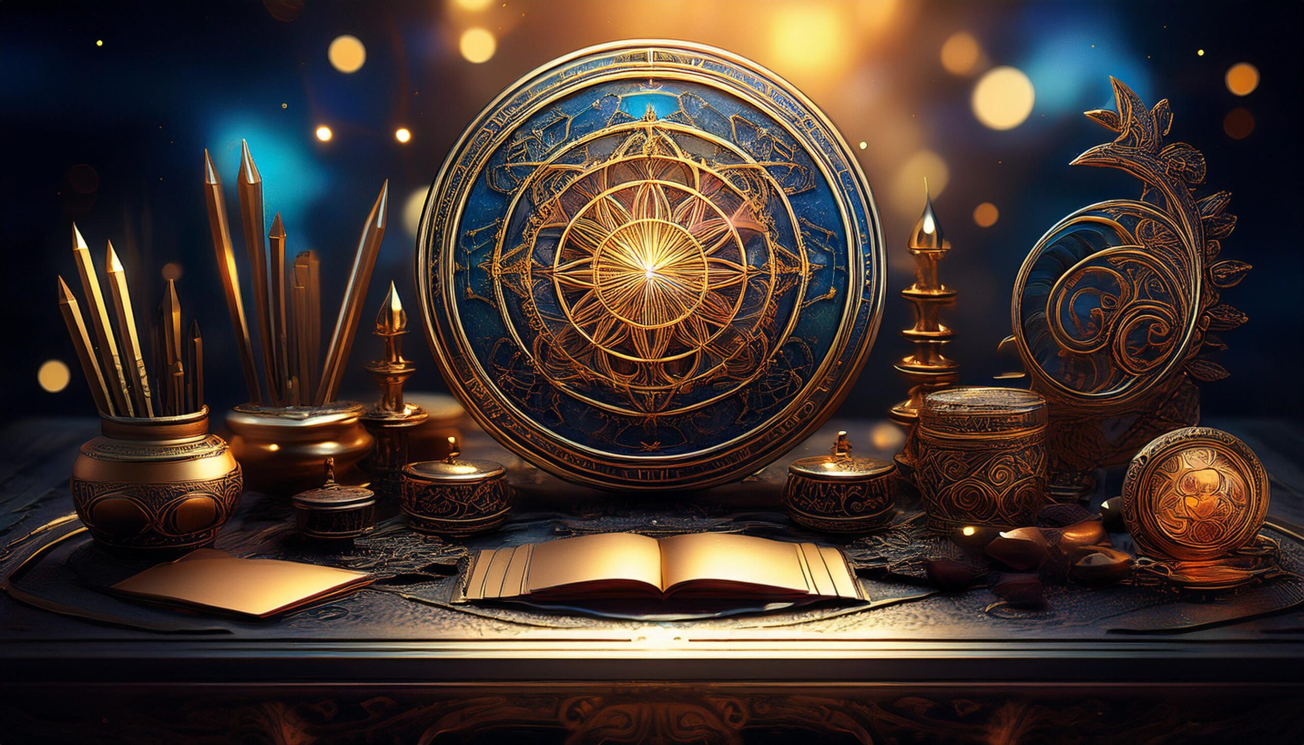 Goldenes kreisförmiges Symbol mit einem aufgeschlagenen Buch in einer dunkelblauen Umgebung