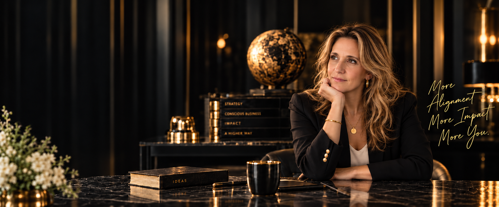 Nadine Iuhasz an einem schwarzen Schreibtisch in einer gold-schwarzen Umgebung