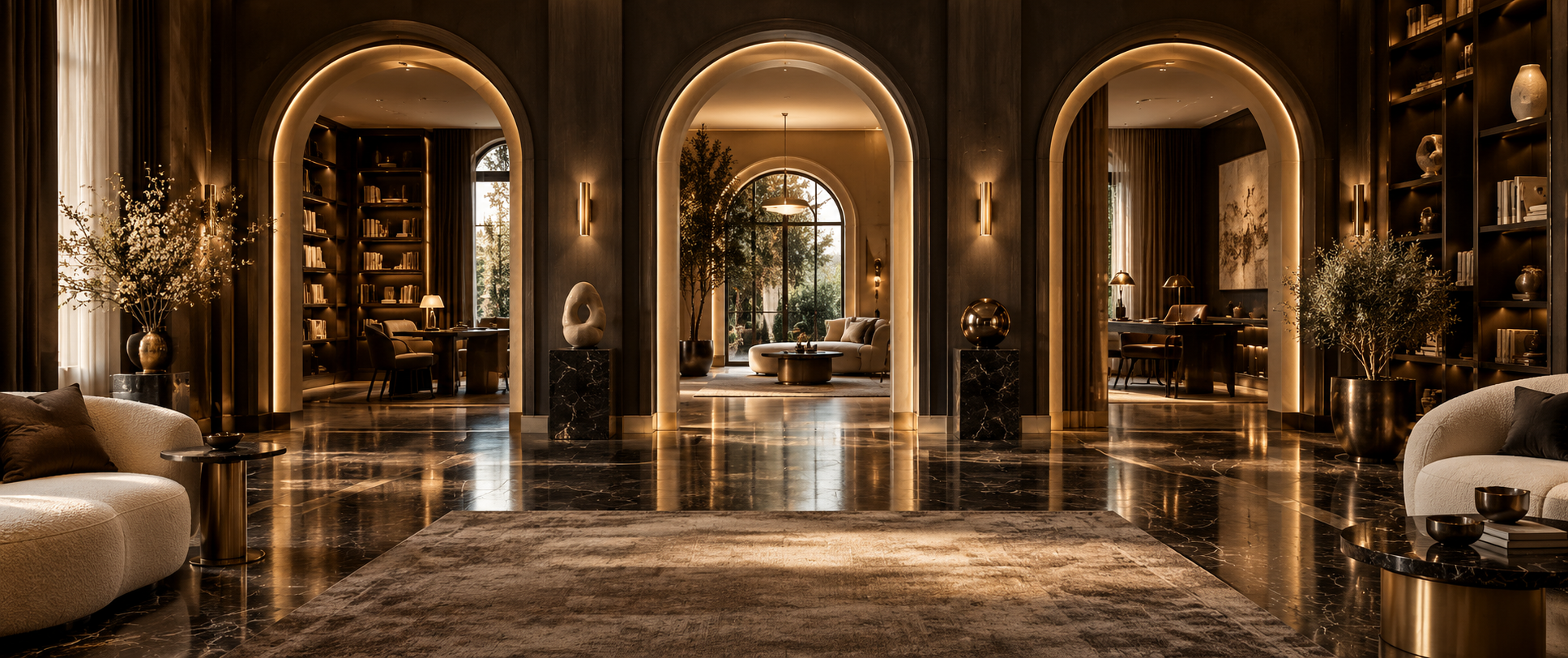 Exklusiver, dunkel-goldener Salon des Excellence Clubs mit drei leuchtenden Torbögen